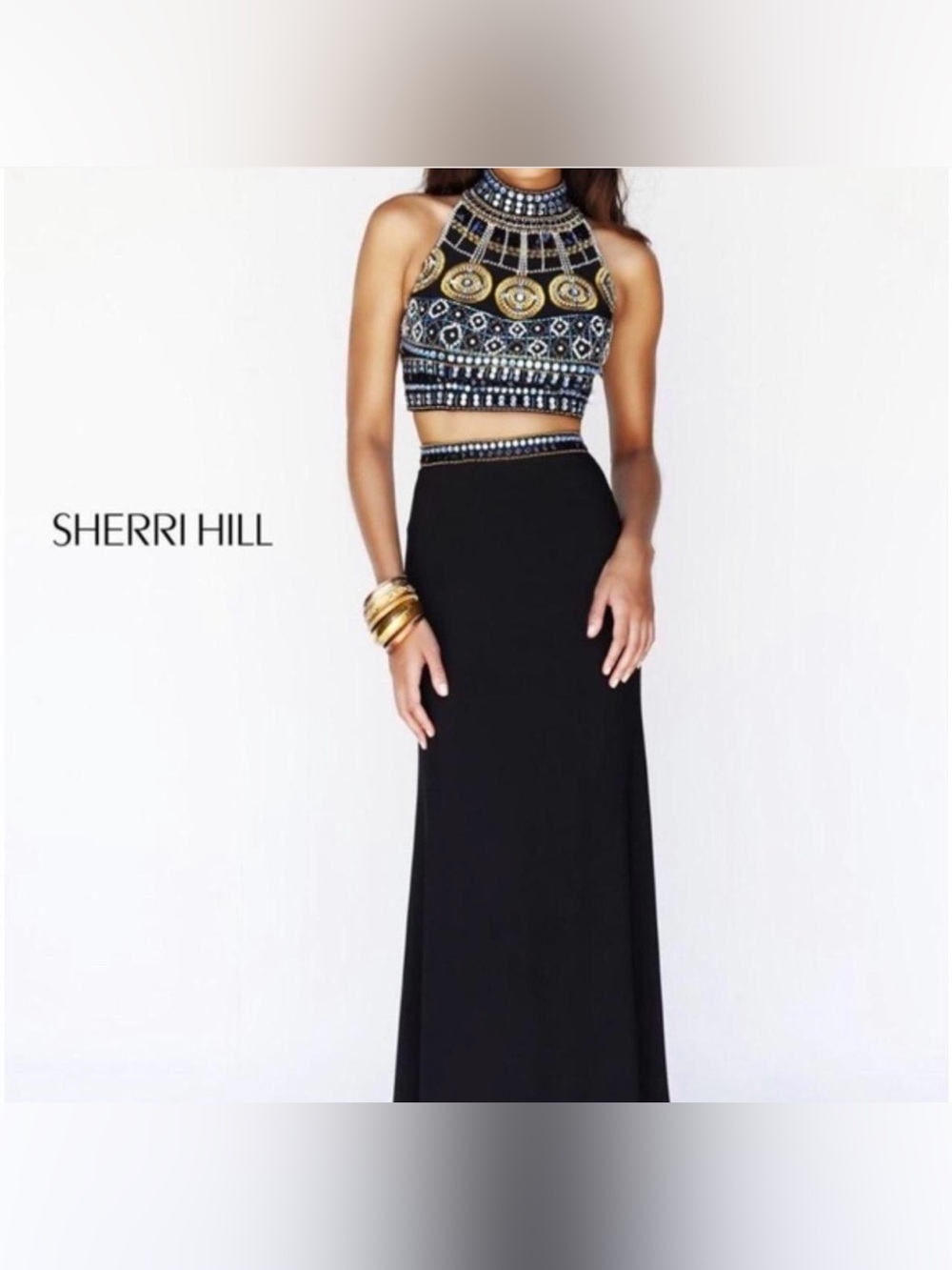 Sherri Hill Beaded Two Piece Prom/Formal Gown 6 Glam Black Rhinestone READ